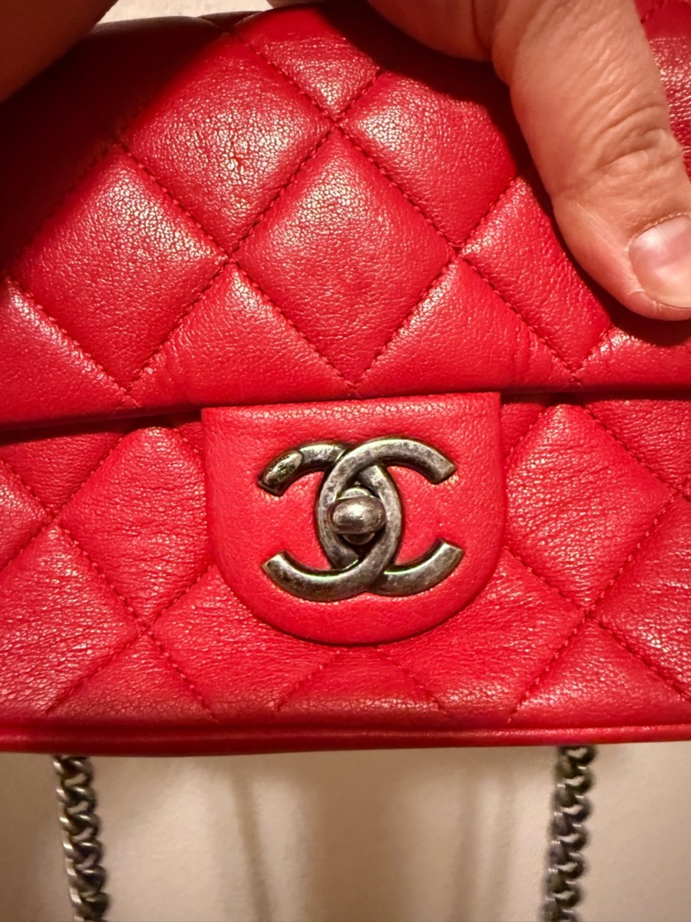 CHANEL CC MINI Lambskin Quilted Red Leather Shoulder Bag with Gunmetal Chain - Picture 8 of 16